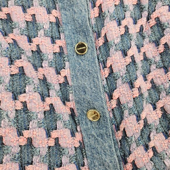 Sandro Amadora Dress Pink Blue Denim Trim Houndstooth Tweed Mini Pockets Size 4 - Picture 6 of 10